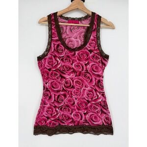 Almost Famous Pink Rose Print Lace Trim Tank Top